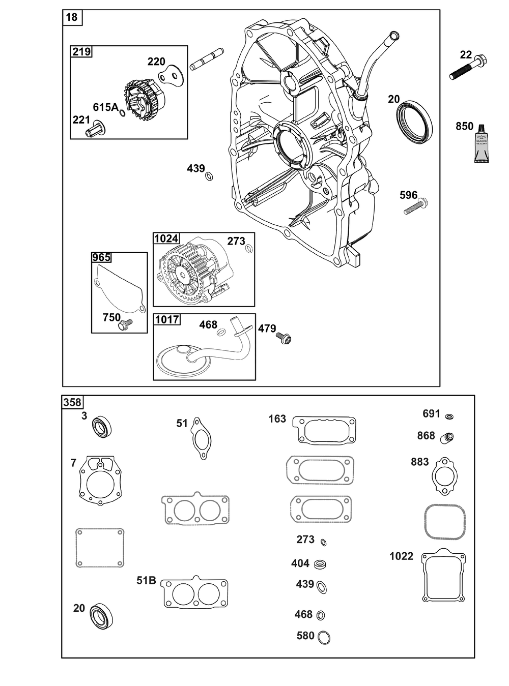 Crankcase Cover/Sump Group Diagram and Parts List for 613477-0269-J1 400000 - 699999 Briggs and Stratton Engine